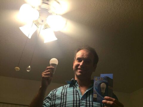 I'm finally replacing all of my old incandescent light bulbs with LED ones. These are the dimmable LED bulbs for my ceiling fan. 